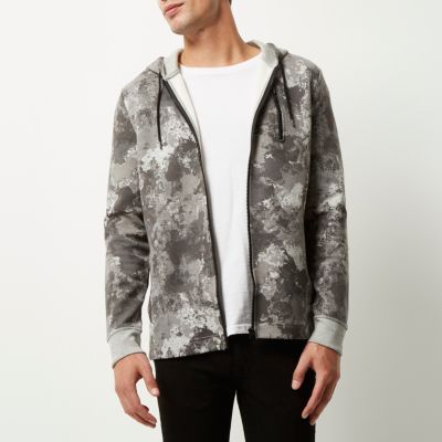 Grey camouflage print zip hoodie